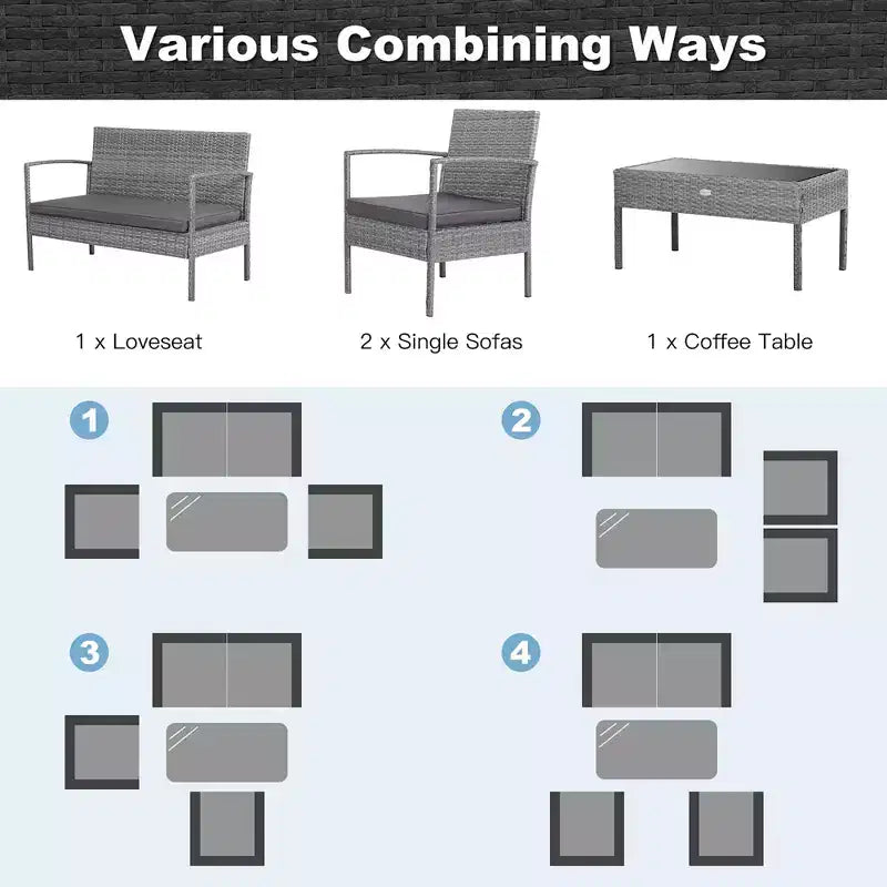 Costway 4-teiliges Outdoor Rattan Möbelset Terrassen-Sofa-Garnitur mit Kissen, Grau