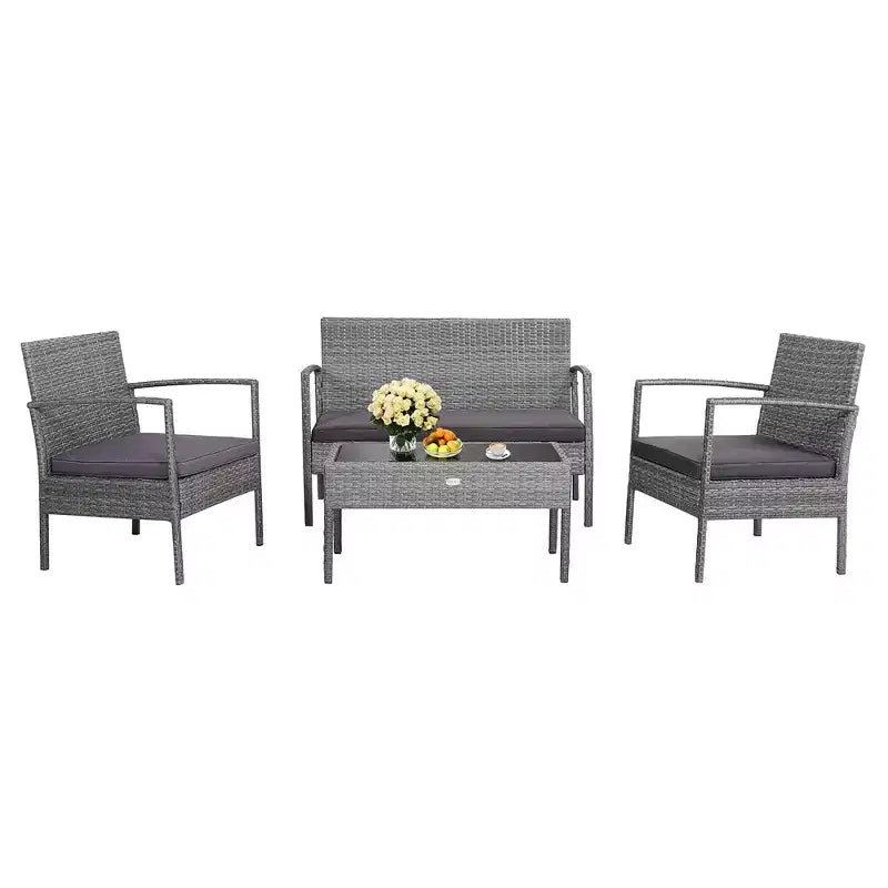 Costway 4-teiliges Outdoor Rattan Möbelset Terrassen-Sofa-Garnitur mit Kissen, Grau