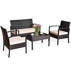 Costway Terrassen-Rattanmöbel-Set, 4-teilig, mit gepolsterten Sitzen und Glastisch