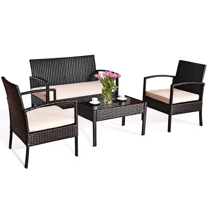 Costway Terrassen-Rattanmöbel-Set, 4-teilig, mit gepolsterten Sitzen und Glastisch