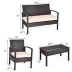Costway Terrassen-Rattanmöbel-Set, 4-teilig, mit gepolsterten Sitzen und Glastisch