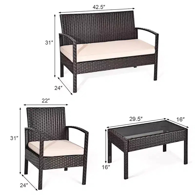 Costway Terrassen-Rattanmöbel-Set, 4-teilig, mit gepolsterten Sitzen und Glastisch