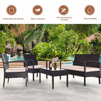 Costway Terrassen-Rattanmöbel-Set, 4-teilig, mit gepolsterten Sitzen und Glastisch