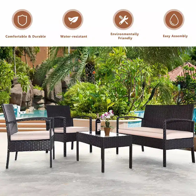 Costway Terrassen-Rattanmöbel-Set, 4-teilig, mit gepolsterten Sitzen und Glastisch