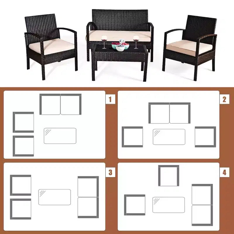 Costway Terrassen-Rattanmöbel-Set, 4-teilig, mit gepolsterten Sitzen und Glastisch