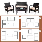 Costway Terrassen-Rattanmöbel-Set, 4-teilig, mit gepolsterten Sitzen und Glastisch