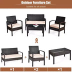 Costway Terrassen-Rattanmöbel-Set, 4-teilig, mit gepolsterten Sitzen und Glastisch