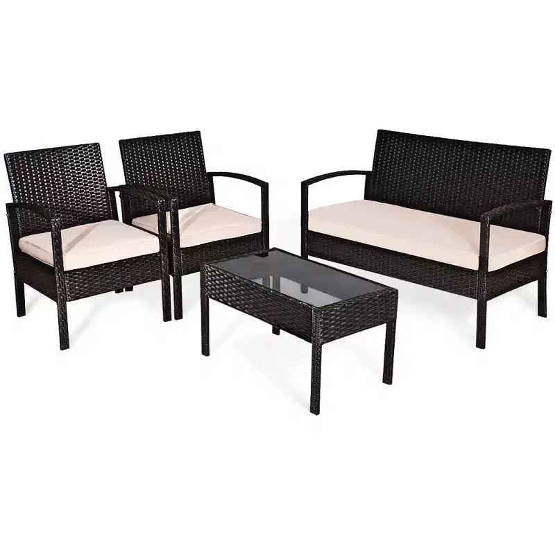 Costway Terrassen-Rattanmöbel-Set, 4-teilig, mit gepolsterten Sitzen und Glastisch