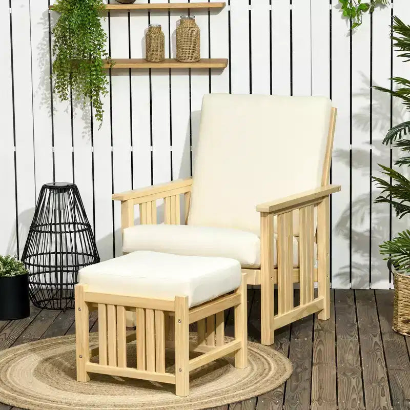Outsunny Terrassenmöbel-Set, Holz-Gartensessel mit Ottoman, 2-teiliger gepolsterter Gartenliegestuhl, Sofasessel mit Fußstütze, Beige