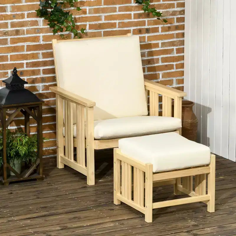 Outsunny Terrassenmöbel-Set, Holz-Gartensessel mit Ottoman, 2-teiliger gepolsterter Gartenliegestuhl, Sofasessel mit Fußstütze, Beige