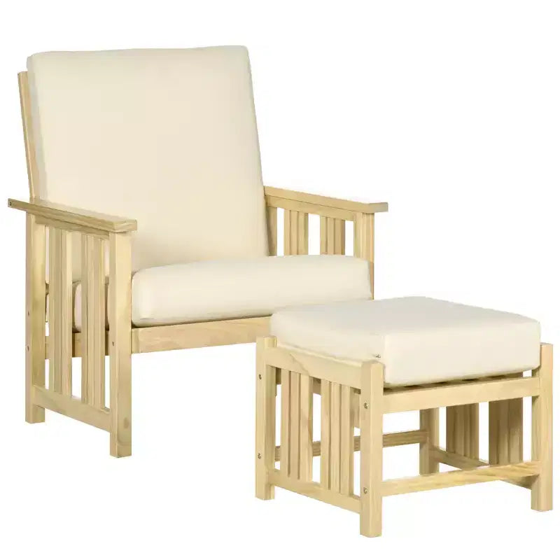 Outsunny Terrassenmöbel-Set, Holz-Gartensessel mit Ottoman, 2-teiliger gepolsterter Gartenliegestuhl, Sofasessel mit Fußstütze, Beige