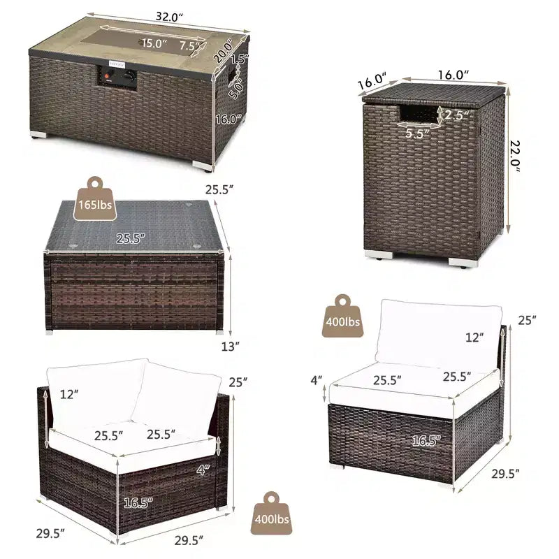 Costway 8-teiliges Terrassen-Rattanmöbel-Set mit Feuerstellentisch, Tankhalterung und Abdeckung, in Elfenbein/Schwarz/Marineblau/Rot/Türkis