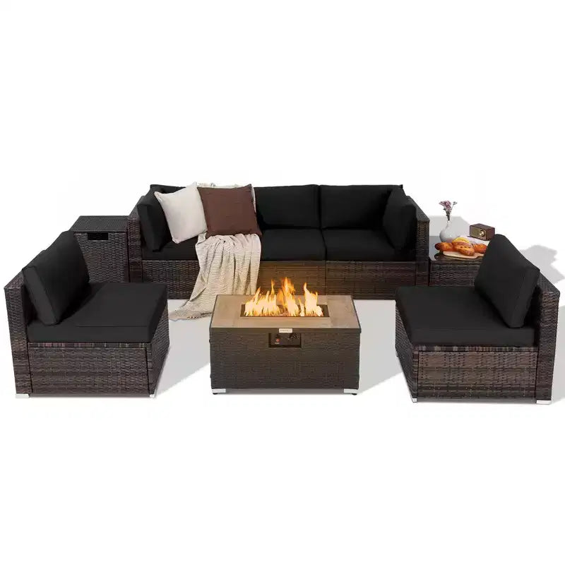 Costway 8PCS Patio Rattan Furniture Set Fire Pit Table Tank Holder Cover Deck Off White/Black/Navy/Red/Turquoise