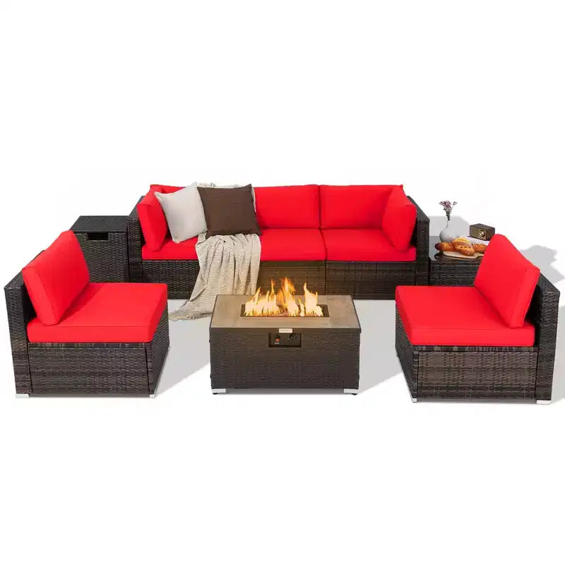 Costway 8-teiliges Terrassen-Rattanmöbel-Set mit Feuerstellentisch, Tankhalterung und Abdeckung, in Elfenbein/Schwarz/Marineblau/Rot/Türkis