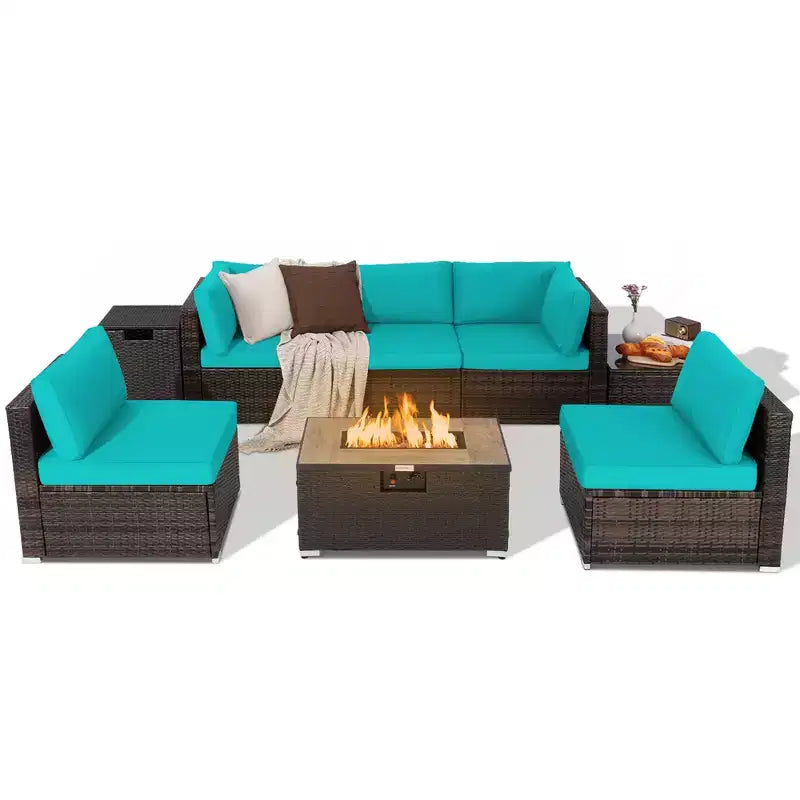 Costway 8-teiliges Terrassen-Rattanmöbel-Set mit Feuerstellentisch, Tankhalterung und Abdeckung, in Elfenbein/Schwarz/Marineblau/Rot/Türkis