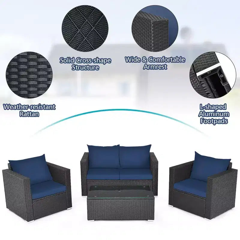 Costway 4-teiliges Garten-Rattan-Möbelset gepolstertes Sofa, Loveseat mit marineblauem und türkisfarbenem Bezug