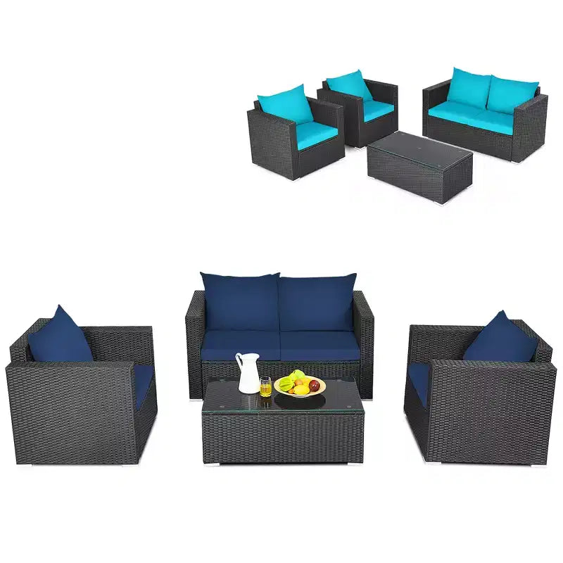 Costway 4-teiliges Garten-Rattan-Möbelset gepolstertes Sofa, Loveseat mit marineblauem und türkisfarbenem Bezug