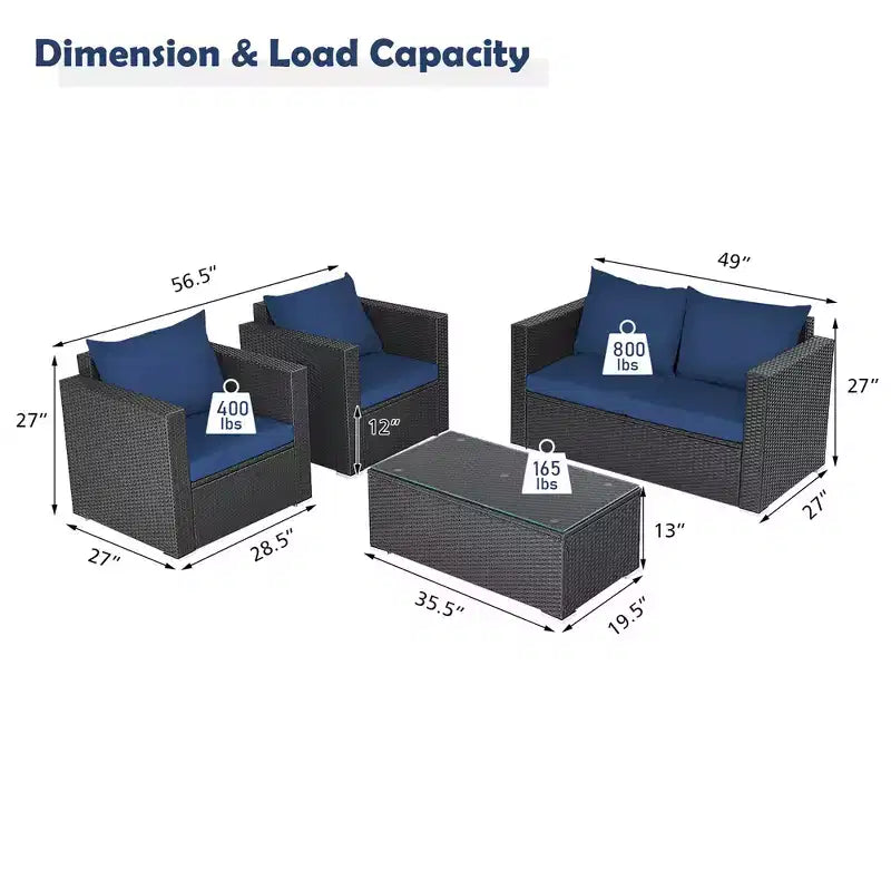 Costway 4-teiliges Garten-Rattan-Möbelset gepolstertes Sofa, Loveseat mit marineblauem und türkisfarbenem Bezug