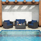 Costway 4-teiliges Garten-Rattan-Möbelset gepolstertes Sofa, Loveseat mit marineblauem und türkisfarbenem Bezug