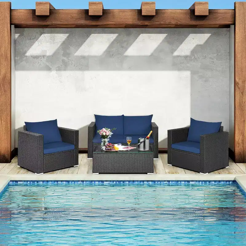 Costway 4-teiliges Garten-Rattan-Möbelset gepolstertes Sofa, Loveseat mit marineblauem und türkisfarbenem Bezug