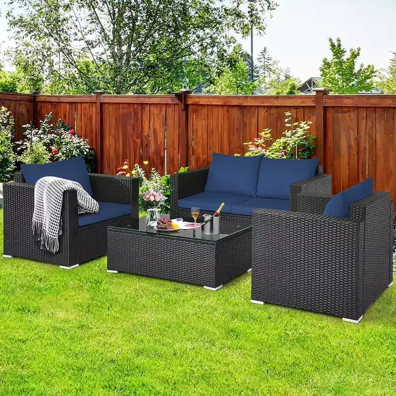 Costway 4-teiliges Garten-Rattan-Möbelset gepolstertes Sofa, Loveseat mit marineblauem und türkisfarbenem Bezug