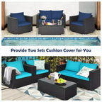 Costway 4-teiliges Garten-Rattan-Möbelset gepolstertes Sofa, Loveseat mit marineblauem und türkisfarbenem Bezug