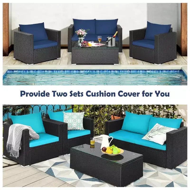 Costway 4-teiliges Garten-Rattan-Möbelset gepolstertes Sofa, Loveseat mit marineblauem und türkisfarbenem Bezug