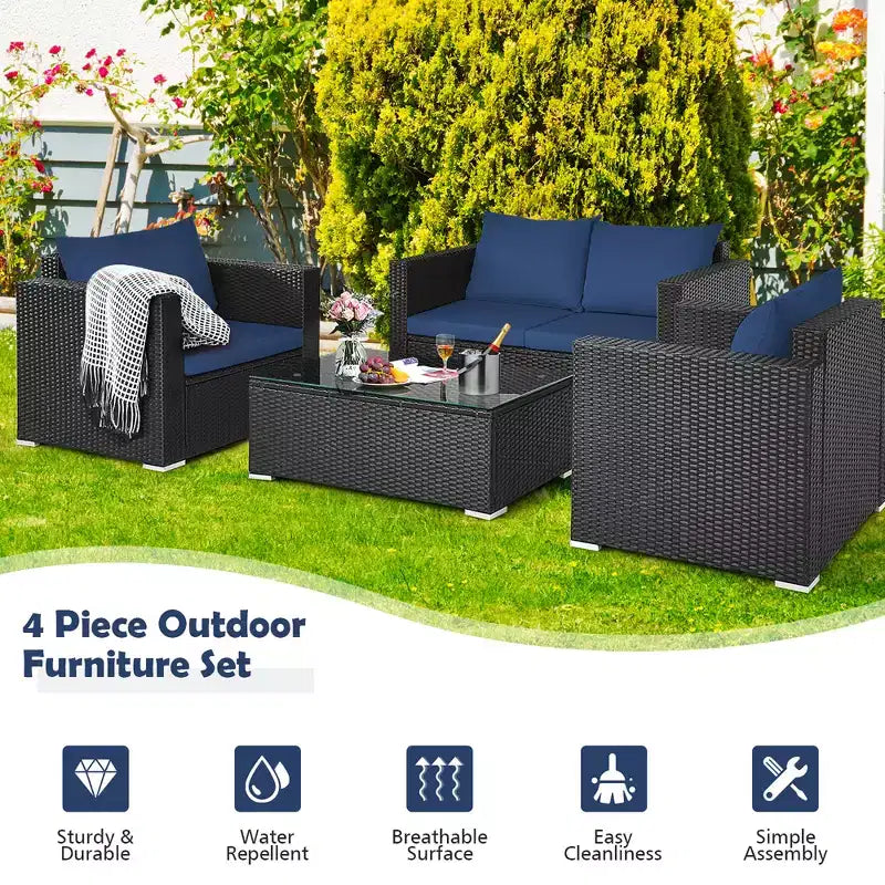 Costway 4-teiliges Garten-Rattan-Möbelset gepolstertes Sofa, Loveseat mit marineblauem und türkisfarbenem Bezug