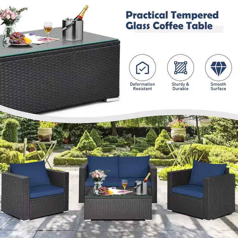 Costway 4-teiliges Garten-Rattan-Möbelset gepolstertes Sofa, Loveseat mit marineblauem und türkisfarbenem Bezug