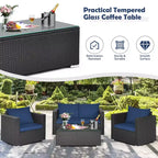 Costway 4-teiliges Garten-Rattan-Möbelset gepolstertes Sofa, Loveseat mit marineblauem und türkisfarbenem Bezug