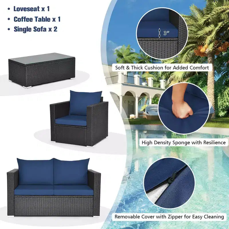 Costway 4-teiliges Garten-Rattan-Möbelset gepolstertes Sofa, Loveseat mit marineblauem und türkisfarbenem Bezug