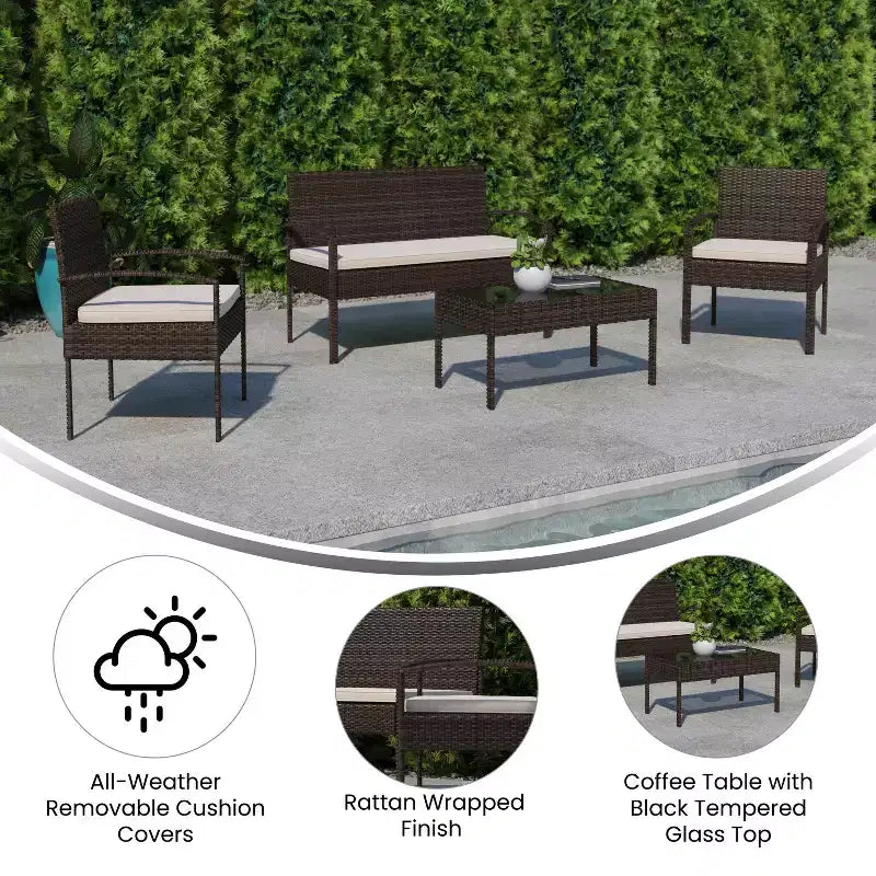 Flash Furniture Aransas Serie 4-teiliges Terrassenmöbel-Set mit Stahlrahmen und Kissen
