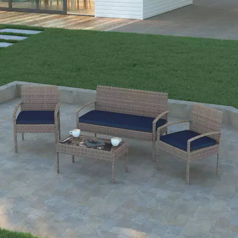 Emma and Oliver 4-teiliges Terrassenset mit Stahlgestell und Kissen - Sitzgelegenheiten für den Außenbereich