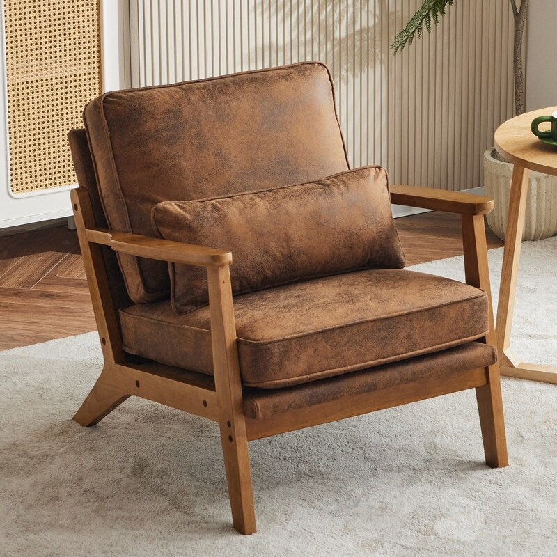 Polster-Akzentsessel aus Leinenmischgewebe mit Holzbeinen und einem Kissen, Beige