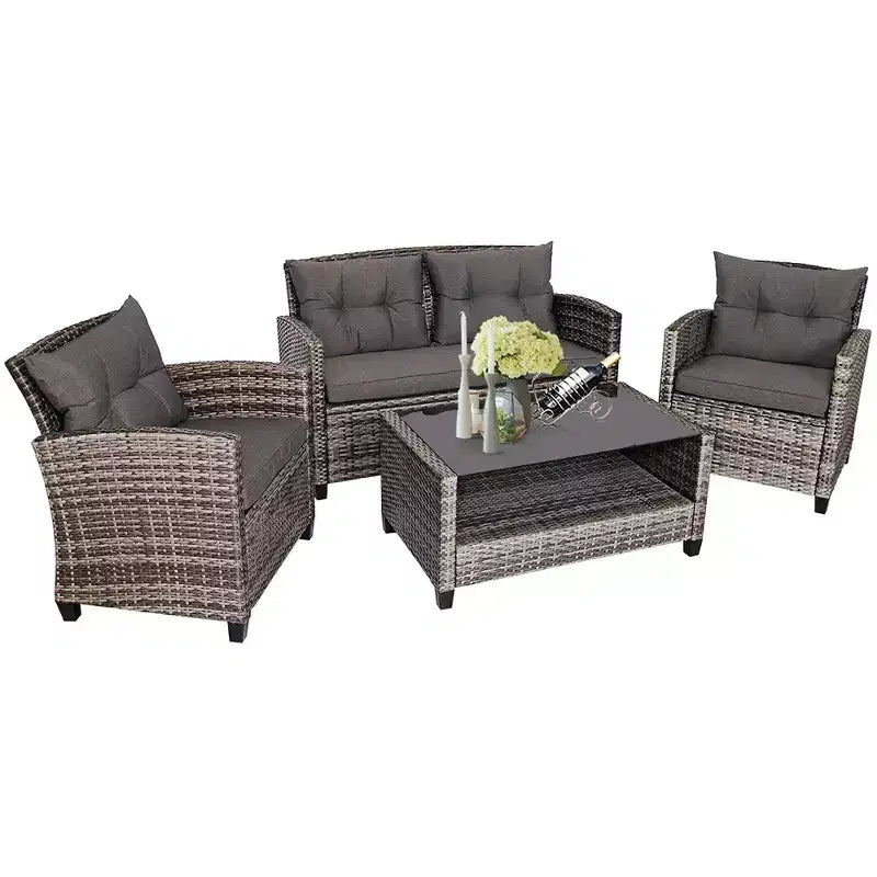 Costway 4tlg./8tlg. Terrassenmöbel-Set aus Polyrattan, Couchtisch, gepolstertes Sofa, Garten, Rasen, Grau