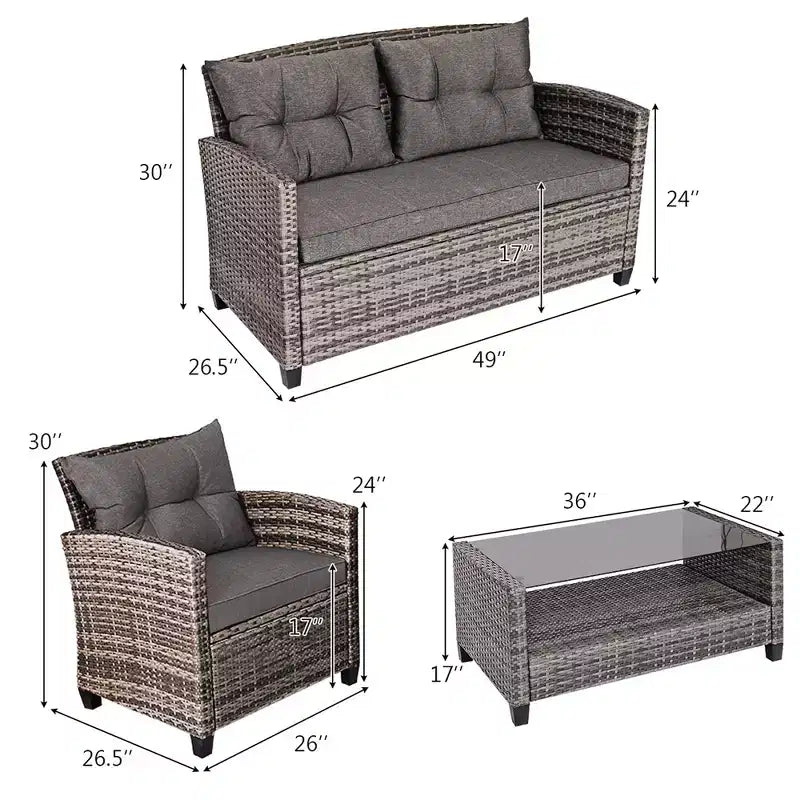 Costway 4tlg./8tlg. Terrassenmöbel-Set aus Polyrattan, Couchtisch, gepolstertes Sofa, Garten, Rasen, Grau