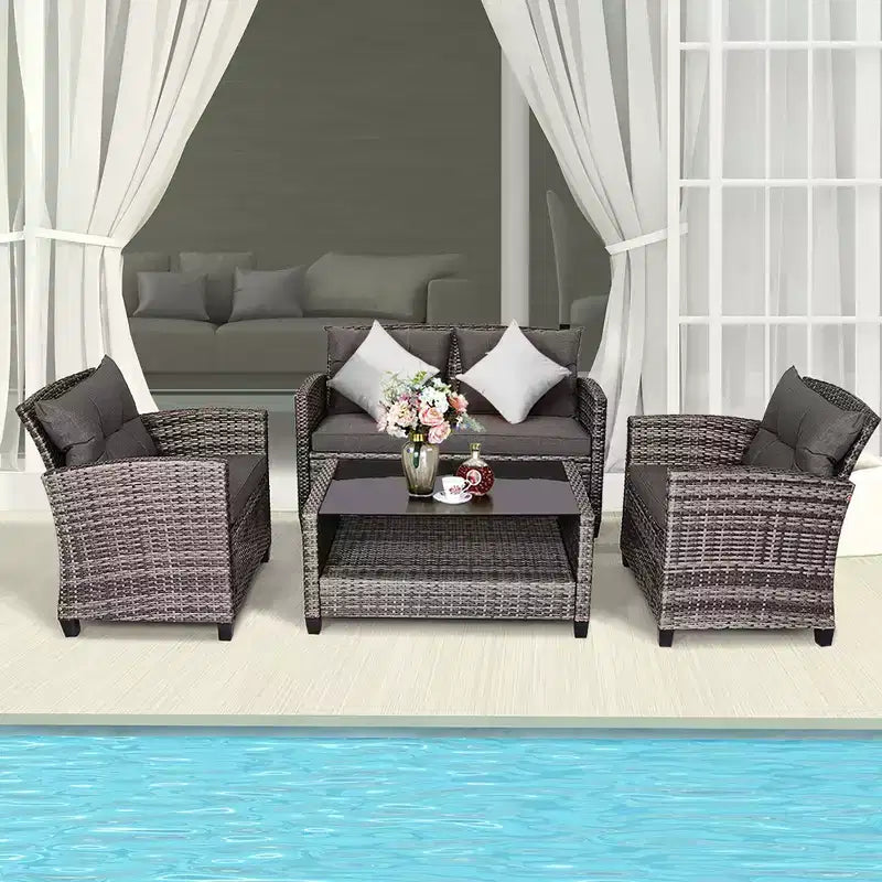 Costway 4tlg./8tlg. Terrassenmöbel-Set aus Polyrattan, Couchtisch, gepolstertes Sofa, Garten, Rasen, Grau