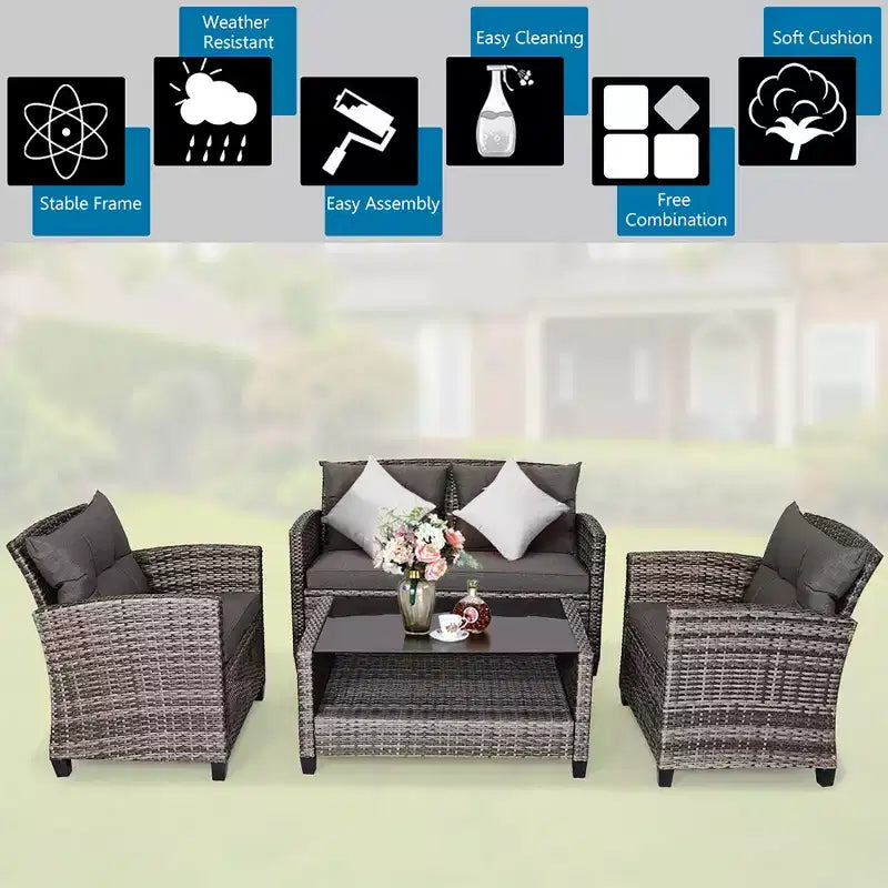 Costway 4tlg./8tlg. Terrassenmöbel-Set aus Polyrattan, Couchtisch, gepolstertes Sofa, Garten, Rasen, Grau