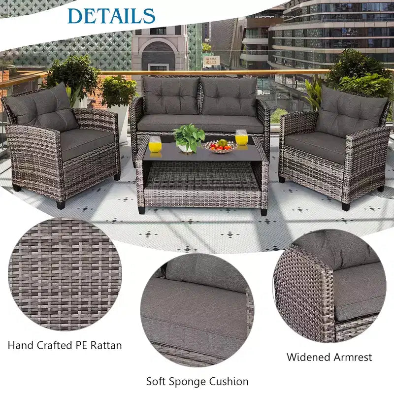 Costway 4tlg./8tlg. Terrassenmöbel-Set aus Polyrattan, Couchtisch, gepolstertes Sofa, Garten, Rasen, Grau