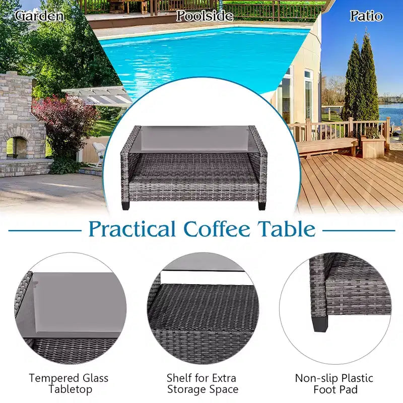 Costway 4tlg./8tlg. Terrassenmöbel-Set aus Polyrattan, Couchtisch, gepolstertes Sofa, Garten, Rasen, Grau
