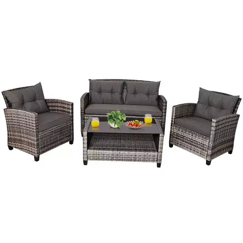 Costway 4tlg./8tlg. Terrassenmöbel-Set aus Polyrattan, Couchtisch, gepolstertes Sofa, Garten, Rasen, Grau