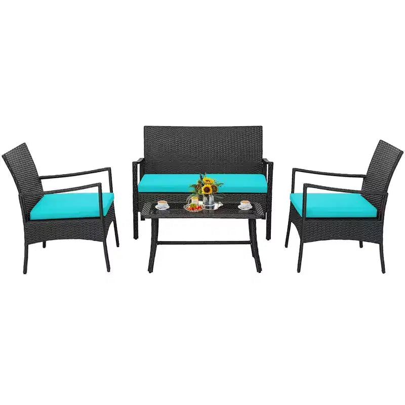 Costway 4-teiliges Terrassen-Rattanmöbel-Set mit gepolsterten Stühlen und Loveseat mit Kaffeetisch für den Garten