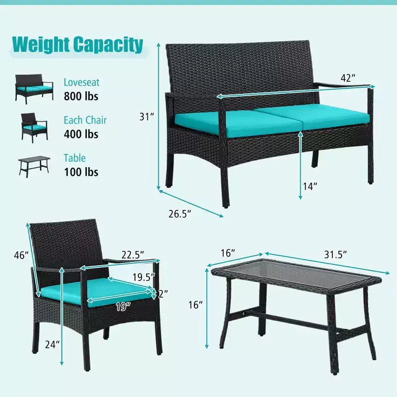 Costway 4-teiliges Terrassen-Rattanmöbel-Set mit gepolsterten Stühlen und Loveseat mit Kaffeetisch für den Garten