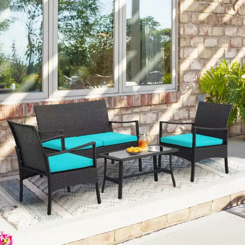 Costway 4-teiliges Terrassen-Rattanmöbel-Set mit gepolsterten Stühlen und Loveseat mit Kaffeetisch für den Garten