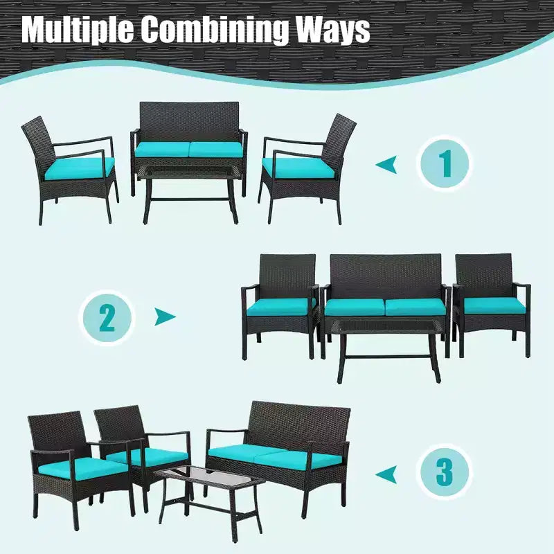 Costway 4-teiliges Terrassen-Rattanmöbel-Set mit gepolsterten Stühlen und Loveseat mit Kaffeetisch für den Garten