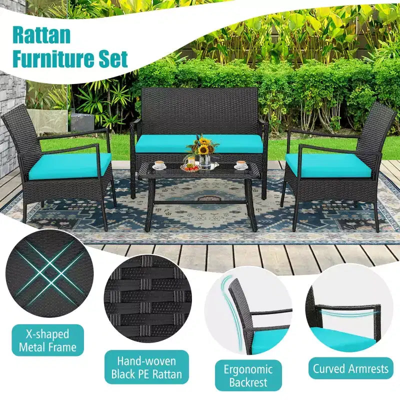 Costway 4-teiliges Terrassen-Rattanmöbel-Set mit gepolsterten Stühlen und Loveseat mit Kaffeetisch für den Garten