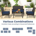Costway 4-teiliges Terrassen-Rattan-Gartenmöbel-Set mit Kissen, Sofa, Armlehne und Couchtisch, Marineblau