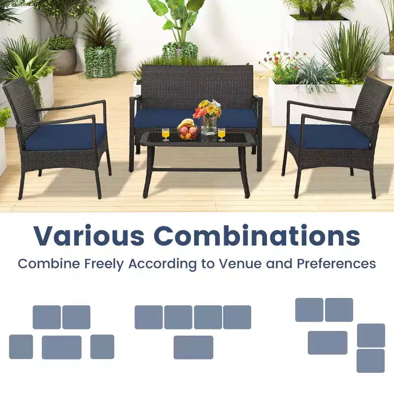 Costway 4-teiliges Terrassen-Rattan-Gartenmöbel-Set mit Kissen, Sofa, Armlehne und Couchtisch, Marineblau