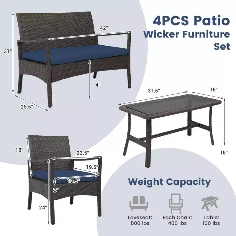 Costway 4-teiliges Terrassen-Rattan-Gartenmöbel-Set mit Kissen, Sofa, Armlehne und Couchtisch, Marineblau