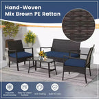 Costway 4-teiliges Terrassen-Rattan-Gartenmöbel-Set mit Kissen, Sofa, Armlehne und Couchtisch, Marineblau